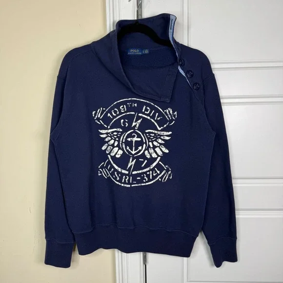 Polo Ralph Lauren Sweatshirt Womens Small Navy Blue Button Neck Nautical Graphic - Picture 5 of 8